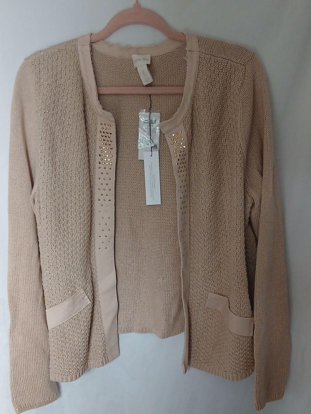 Chico's Light Beige Open-Front Stud-Trim Cardigan